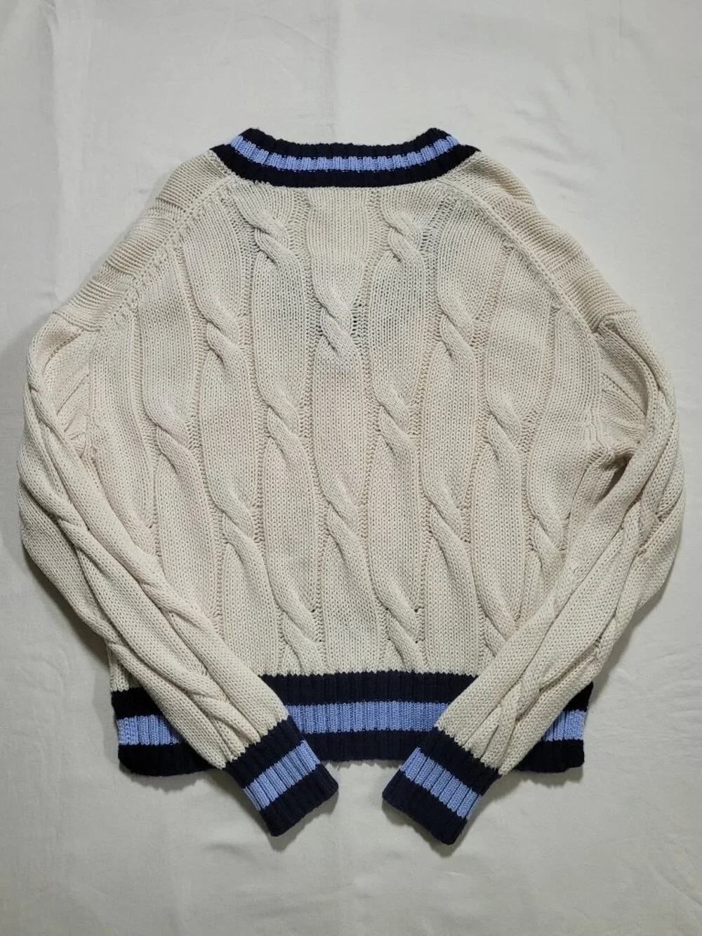 Aerie Striped V Neck Cable Knit Tennis Sweater Ivory Blue XSmall Preppy FLAW